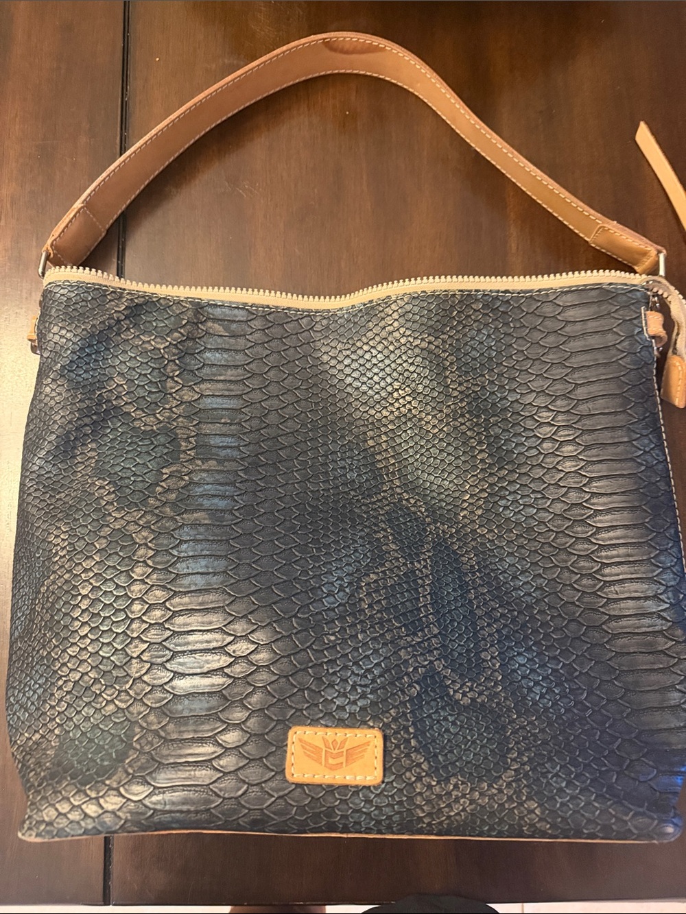 Consuela Blue Rattler Shoulder Bag with Tan Trim